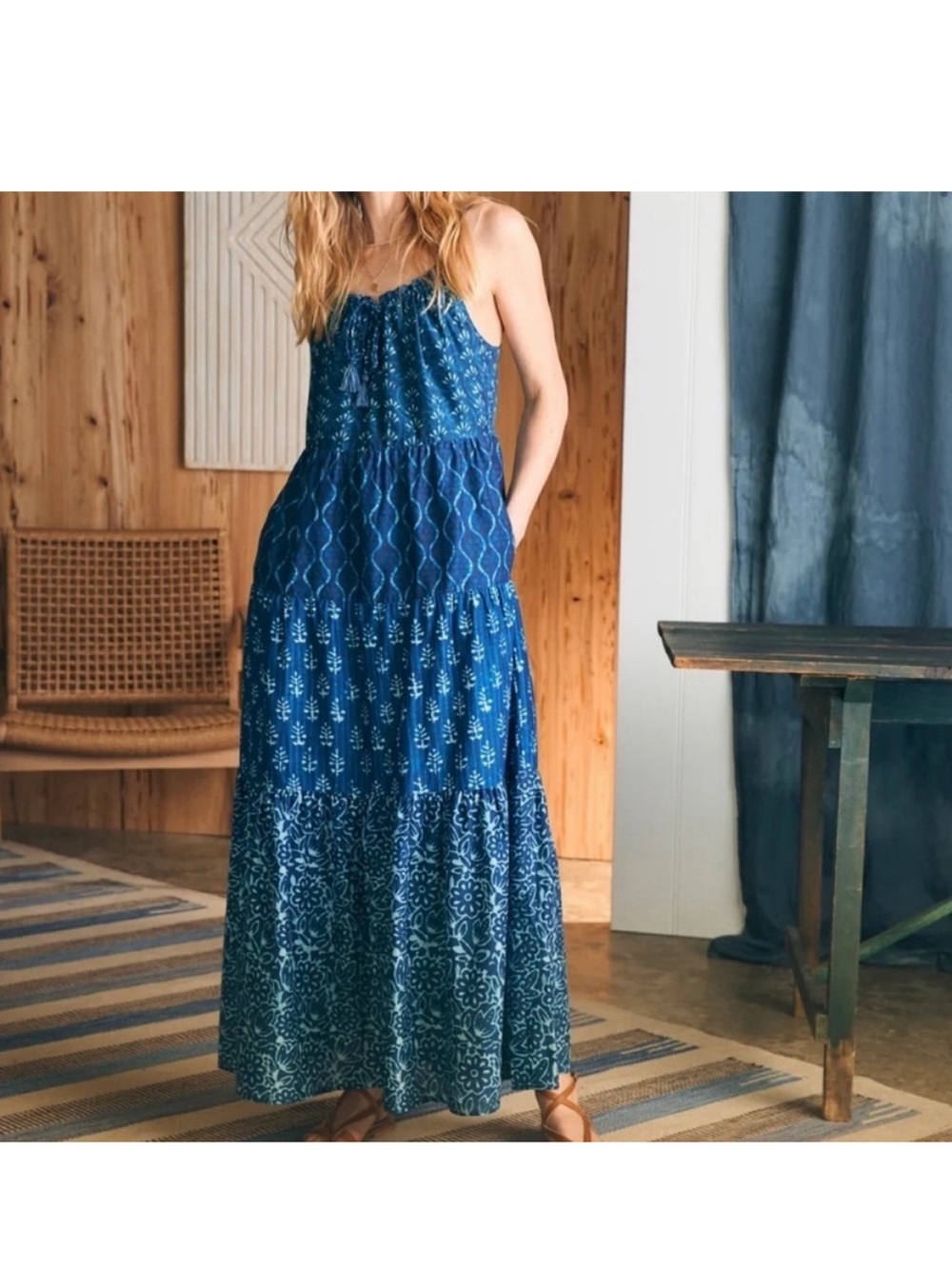 Faherty Sun Chaser Tiered Maxi Sundress Sunburst Mix Blue Size M NWT